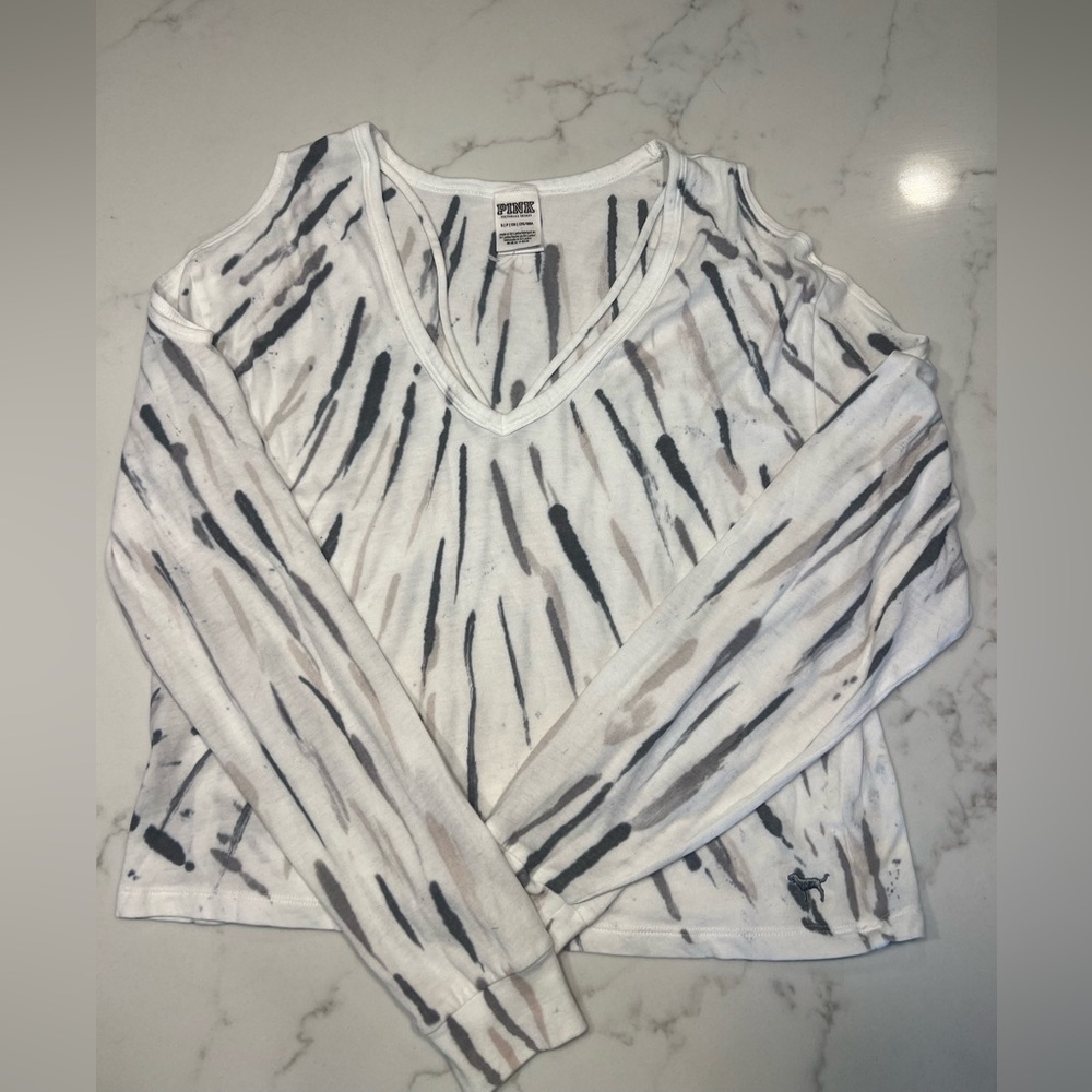 Victoria Secret Pink, long sleeve, gray/white tie dye,cold shoulder